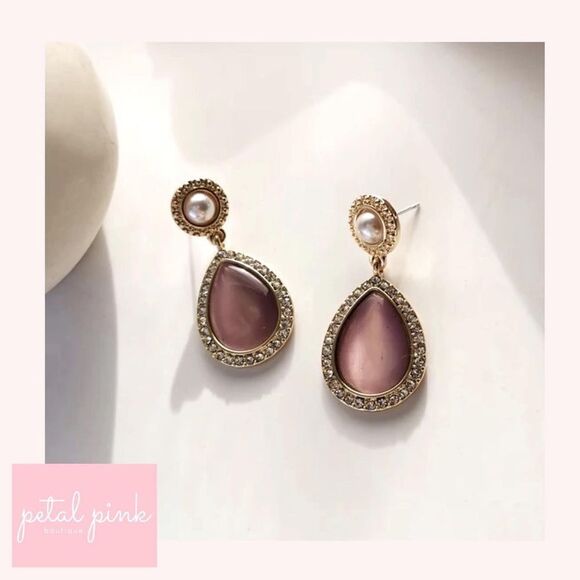 Bordeaux Color Cat’s Eye and Crystal Drop Earrings w Simulated Pearl - Picture 3 of 6